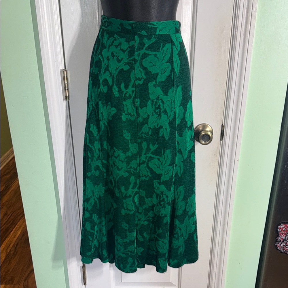 C.E. Stanton Green Vintage Floral Jacquard A-Line Midi Swing Classy Skirt Size 8